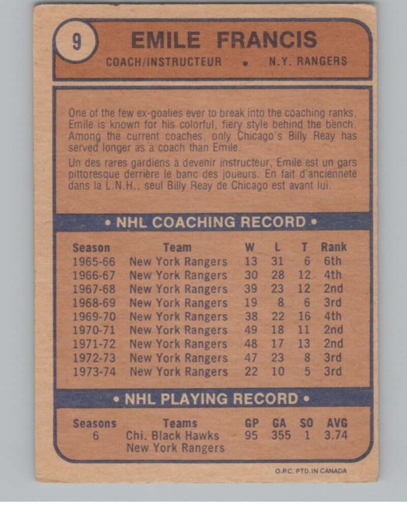 1974-75 O-Pee-Chee #9 Emile Francis CO  New York Rangers  V103455 Image 2