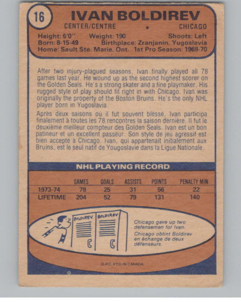1974-75 O-Pee-Chee #16 Ivan Boldirev  Chicago Blackhawks  V103462 Image 2