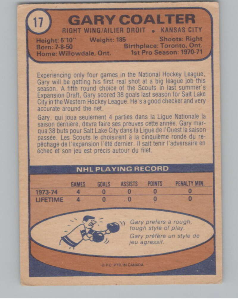 1974-75 O-Pee-Chee #17 Gary Coalter  RC Rookie Kansas City Scouts  V103463 Image 2