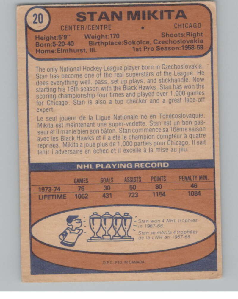 1974-75 O-Pee-Chee #20 Stan Mikita  Chicago Blackhawks  V103464 Image 2