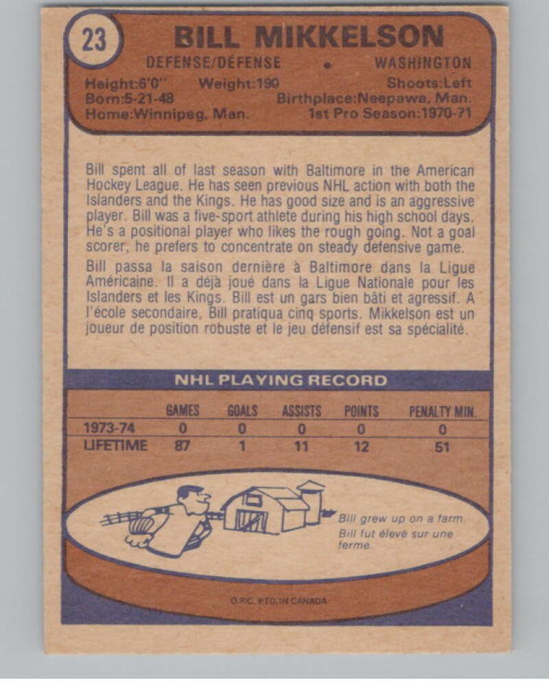 1974-75 O-Pee-Chee #23 Bill Mikkelson  Washington Capitals  V103465 Image 2