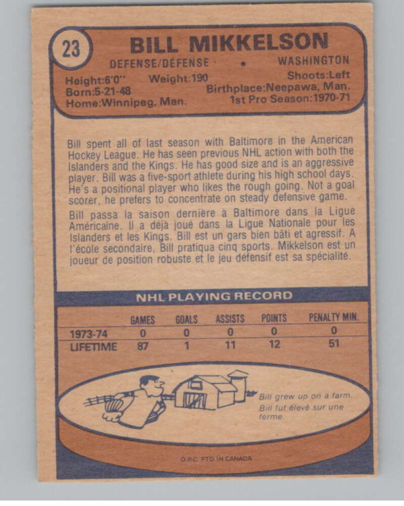 1974-75 O-Pee-Chee #23 Bill Mikkelson  Washington Capitals  V103466 Image 2