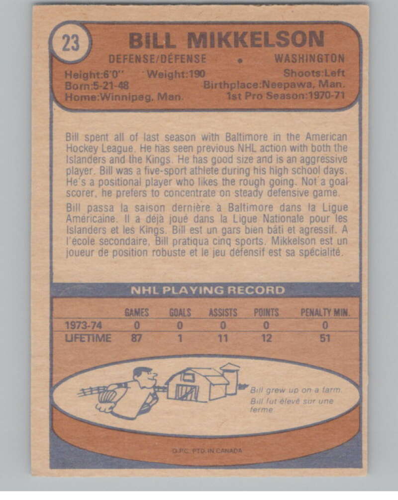 1974-75 O-Pee-Chee #23 Bill Mikkelson  Washington Capitals  V103467 Image 2