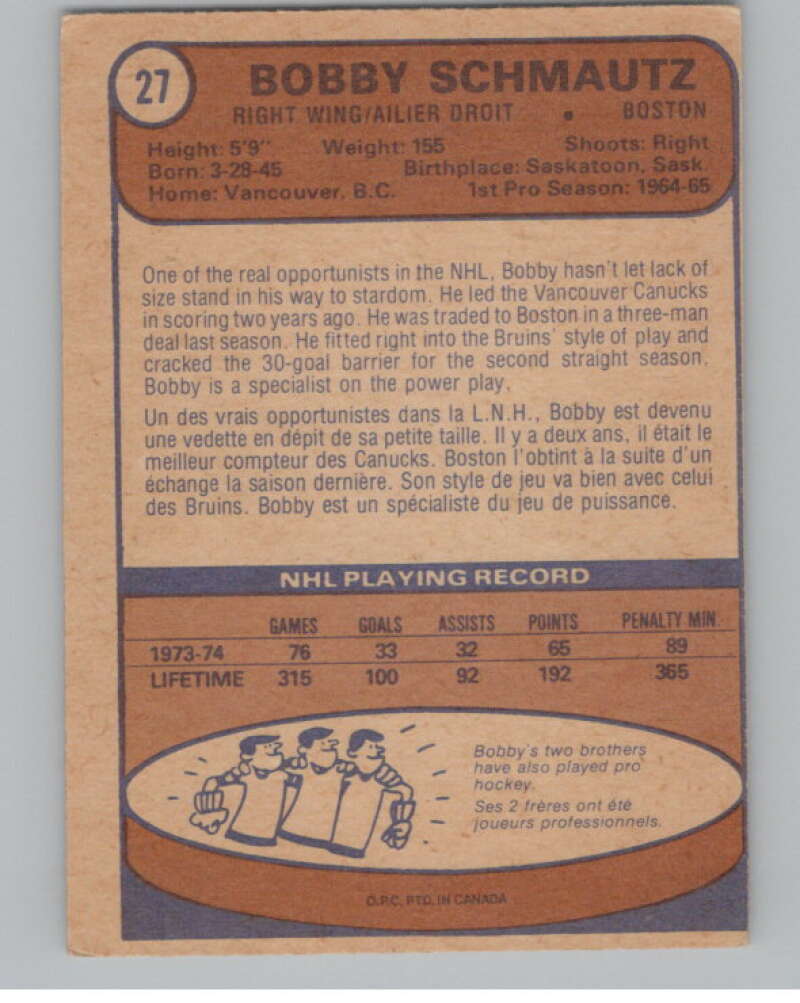 1974-75 O-Pee-Chee #27 Bobby Schmautz  Boston Bruins  V103469 Image 2