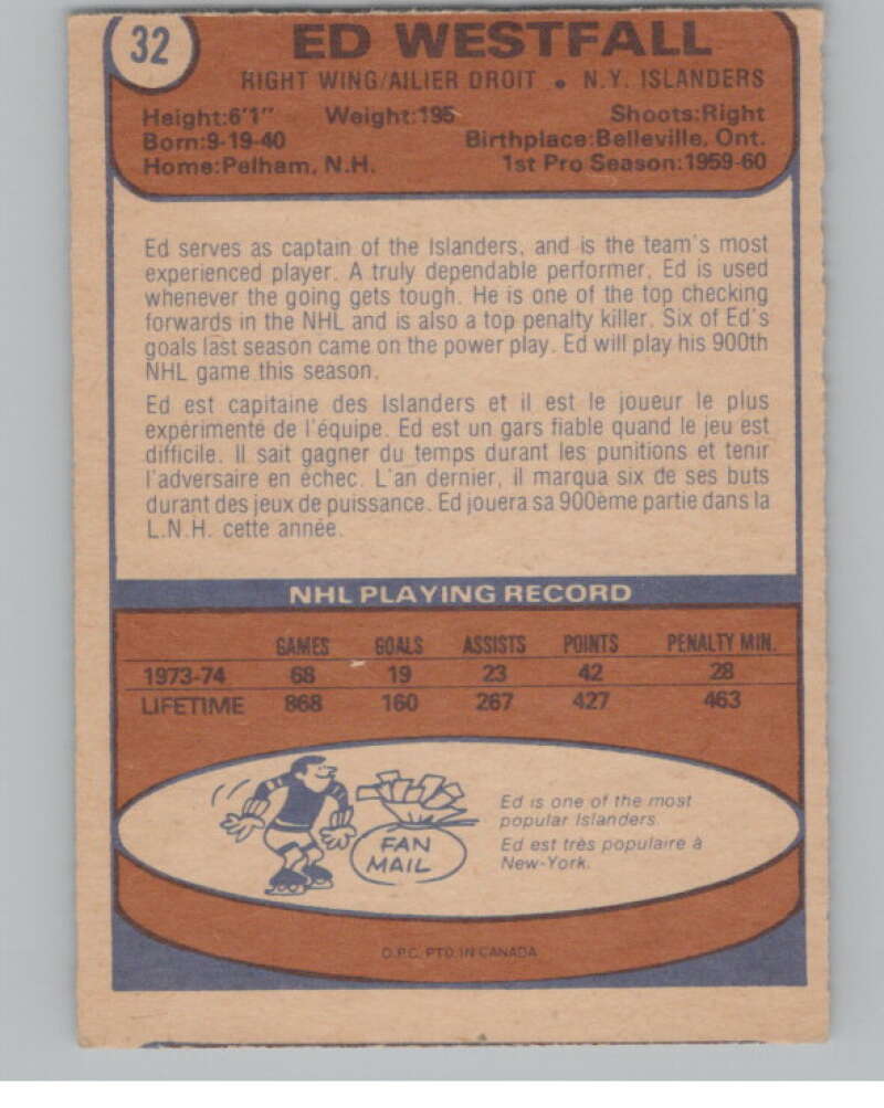 1974-75 O-Pee-Chee #32 Ed Westfall  New York Islanders  V103472 Image 2