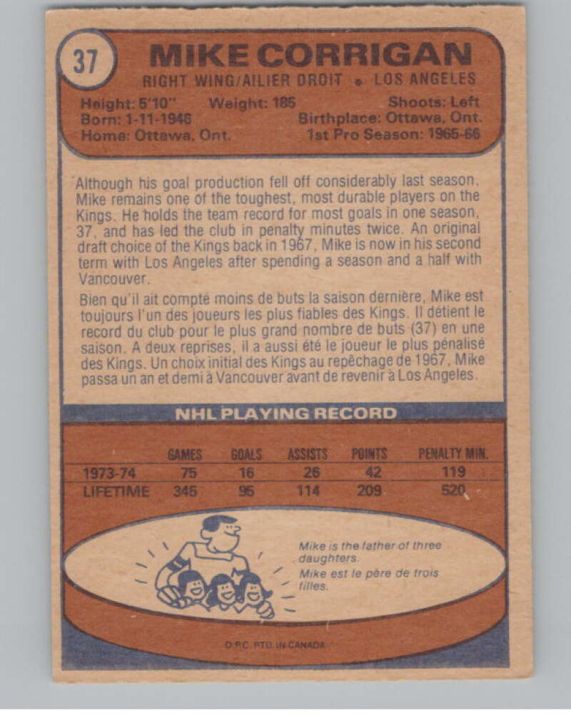 1974-75 O-Pee-Chee #37 Mike Corrigan  Los Angeles Kings  V103478 Image 2