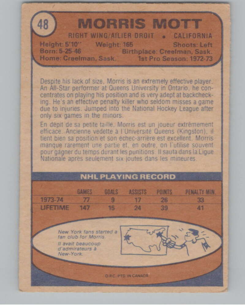 1974-75 O-Pee-Chee #48 Morris Mott  RC RookieGolden Seals  V103487 Image 2