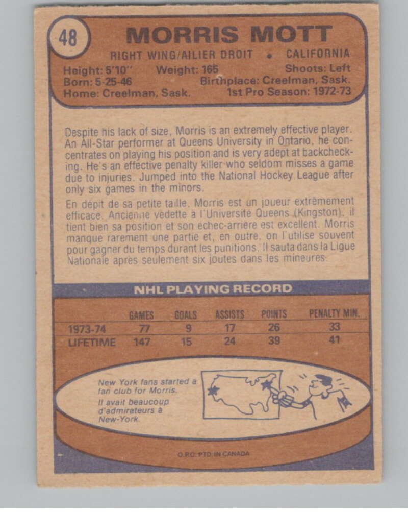 1974-75 O-Pee-Chee #48 Morris Mott  RC Rookie Golden Seals  V103489 Image 2