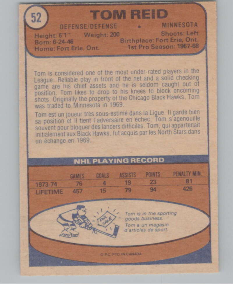1974-75 O-Pee-Chee #52 Tom Reid  Minnesota North Stars  V103494 Image 2