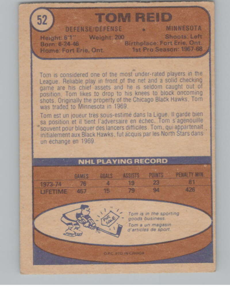 1974-75 O-Pee-Chee #52 Tom Reid  Minnesota North Stars  V103495 Image 2