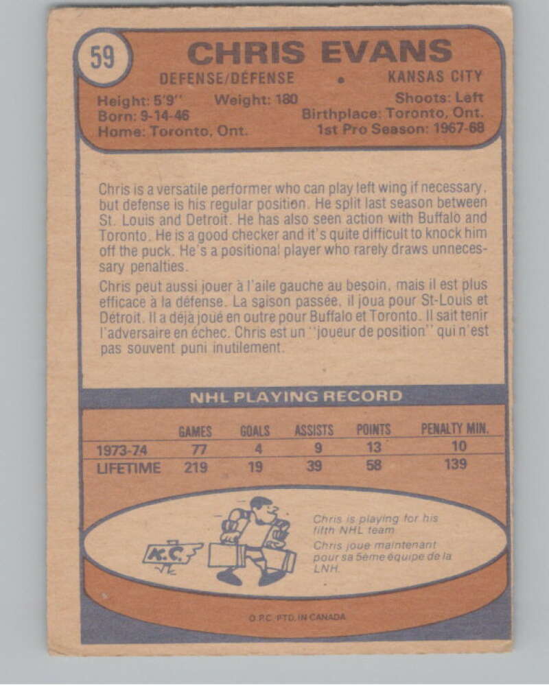 1974-75 O-Pee-Chee #59 Chris Evans  Kansas City Scouts  V103498 Image 2