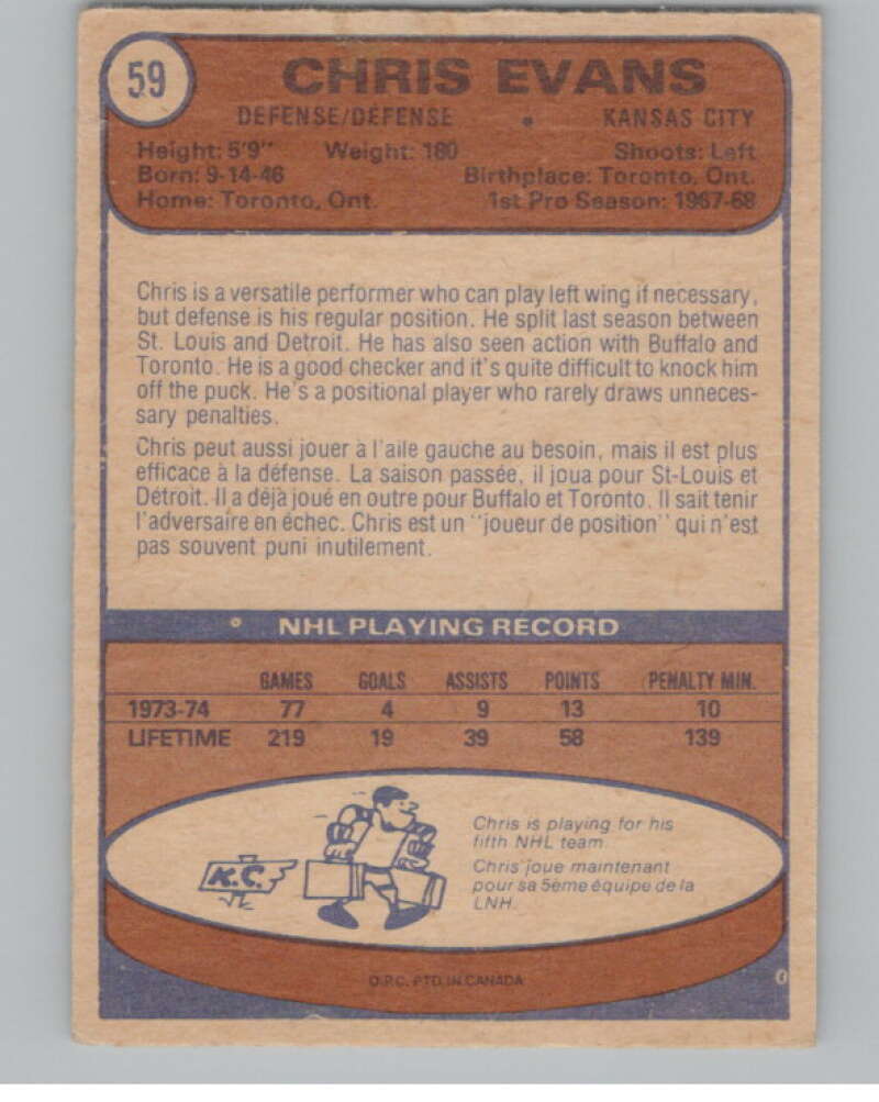 1974-75 O-Pee-Chee #59 Chris Evans  Kansas City Scouts  V103499 Image 2
