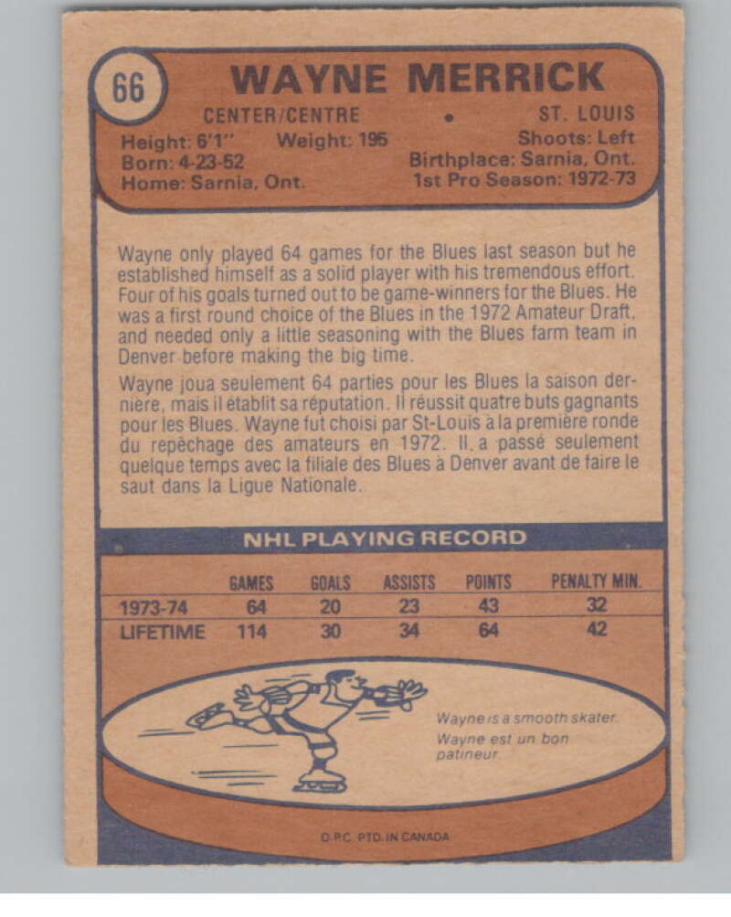 1974-75 O-Pee-Chee #66 Wayne Merrick  RC Rookie St. Louis Blues  V103501 Image 2