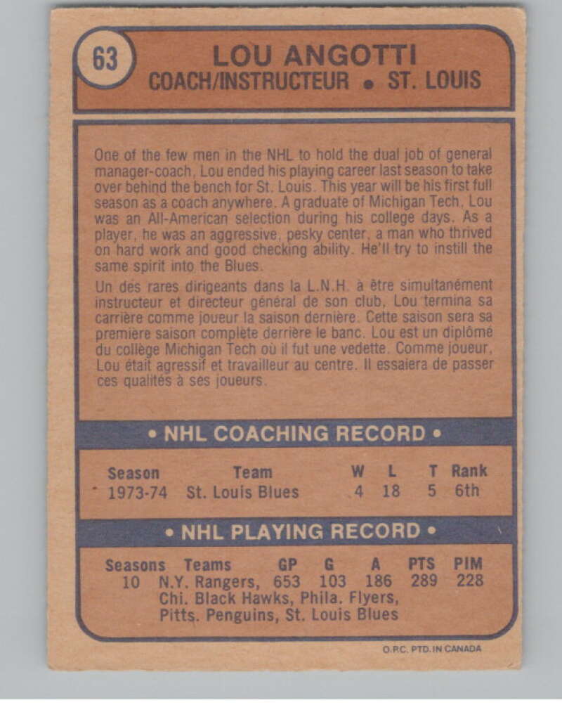 1974-75 O-Pee-Chee #63 Lou Angotti CO   V103504 Image 2