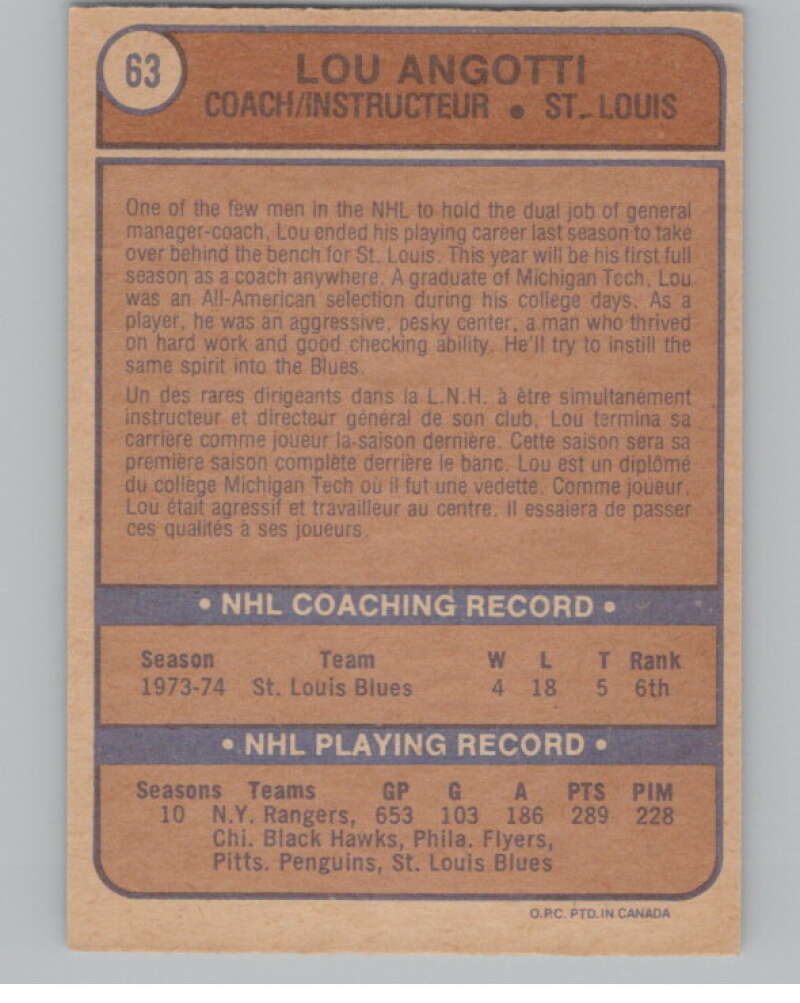1974-75 O-Pee-Chee #63 Lou Angotti CO   V103505 Image 2