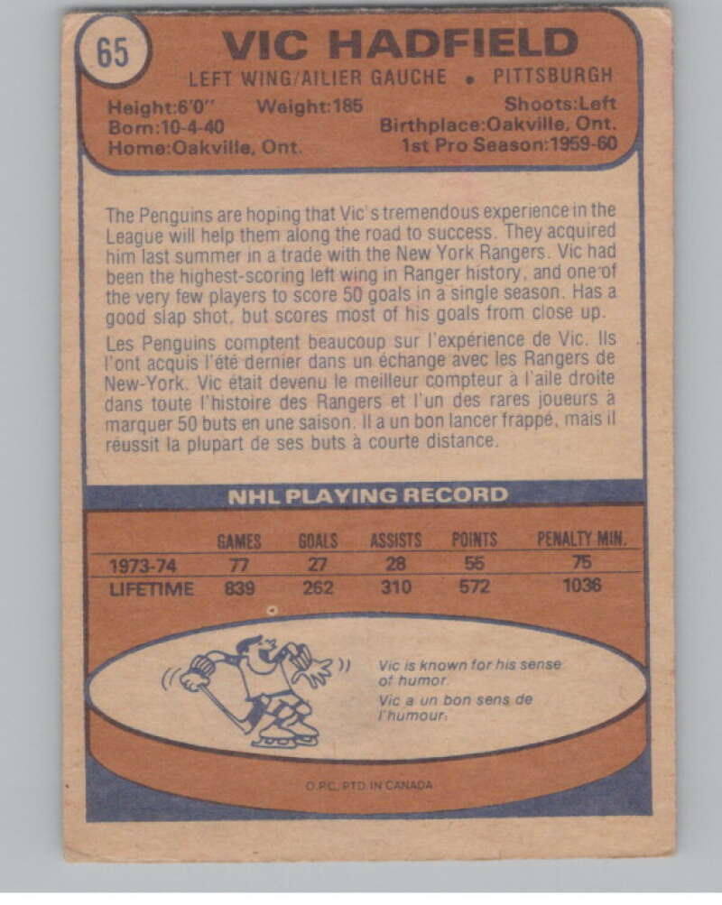1974-75 O-Pee-Chee #65 Vic Hadfield  Pittsburgh Penguins  V103506 Image 2