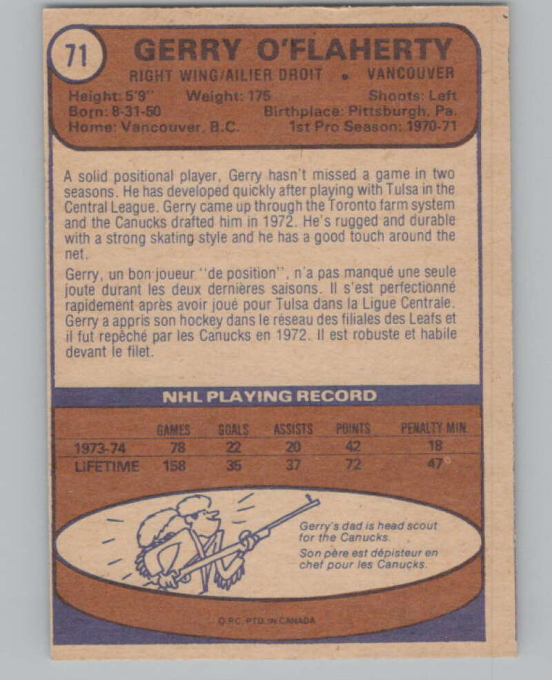 1974-75 O-Pee-Chee #71 Gerry O'Flaherty  Vancouver Canucks  V103509 Image 2