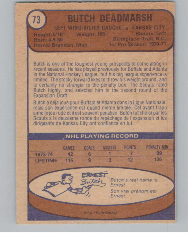 1974-75 O-Pee-Chee #73 Butch Deadmarsh  Kansas City Scouts  V103511 Image 2