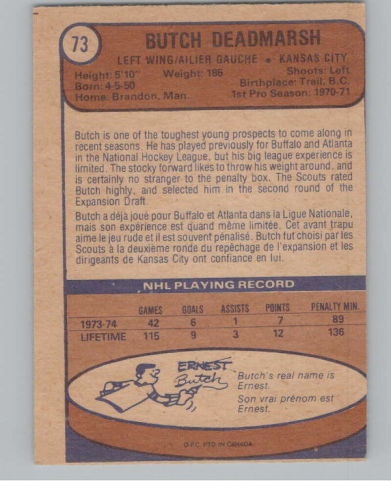 1974-75 O-Pee-Chee #73 Butch Deadmarsh  Kansas City Scouts  V103512 Image 2