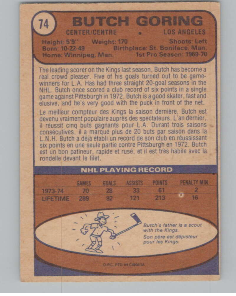 1974-75 O-Pee-Chee #74 Butch Goring  Los Angeles Kings  V103514 Image 2