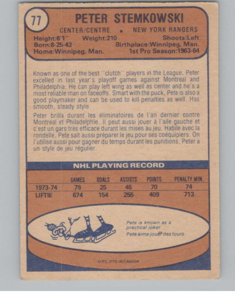 1974-75 O-Pee-Chee #77 Pete Stemkowski  New York Rangers  V103515 Image 2