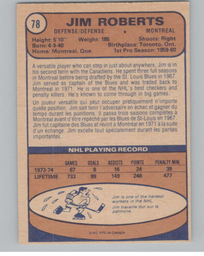 1974-75 O-Pee-Chee #78 Jim Roberts  Montreal Canadiens  V103517 Image 2