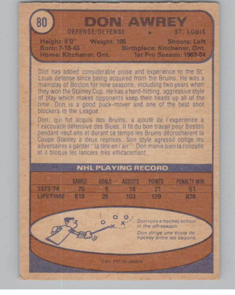 1974-75 O-Pee-Chee #80 Don Awrey  St. Louis Blues  V103518 Image 2