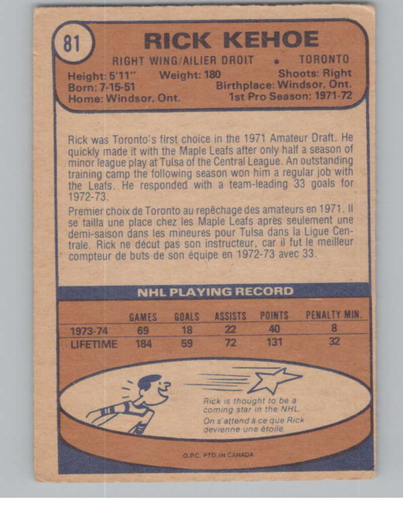 1974-75 O-Pee-Chee #81 Rick Kehoe  Toronto Maple Leafs  V103519 Image 2