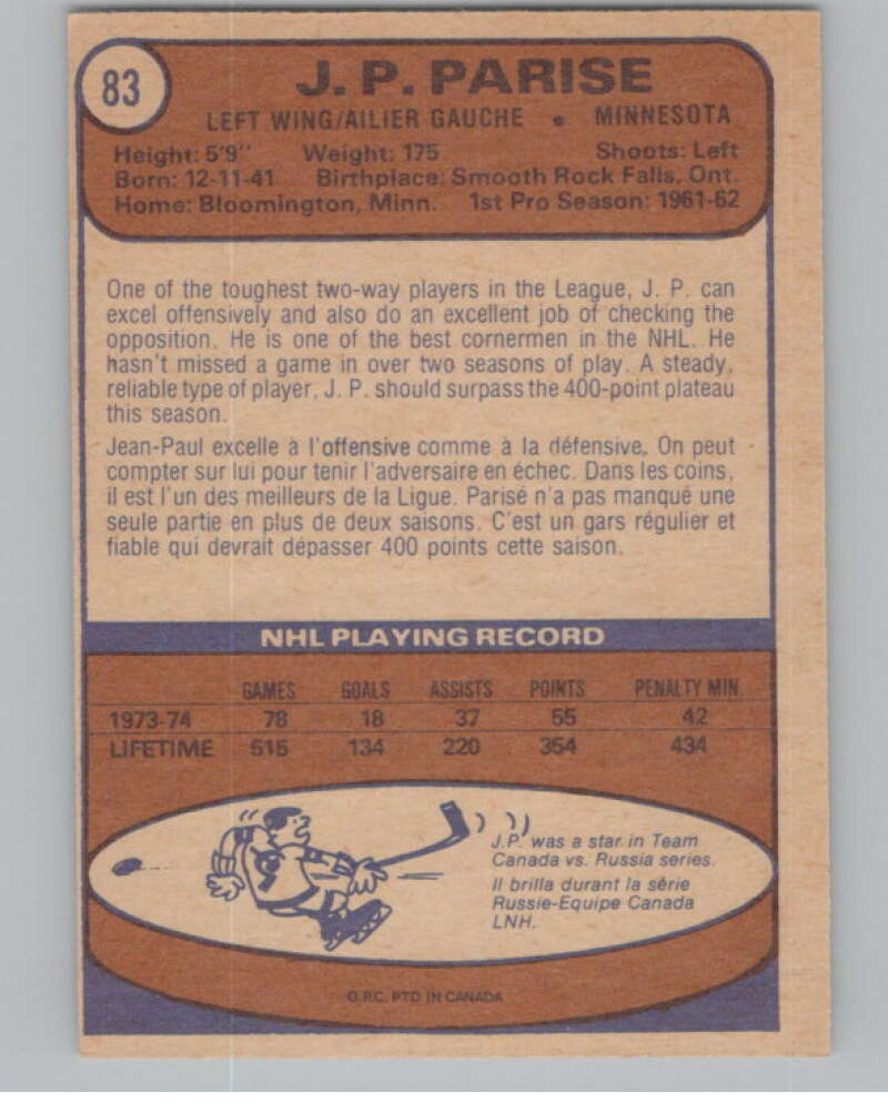 1974-75 O-Pee-Chee #83 J.P. Parise  Minnesota North Stars  V103520 Image 2