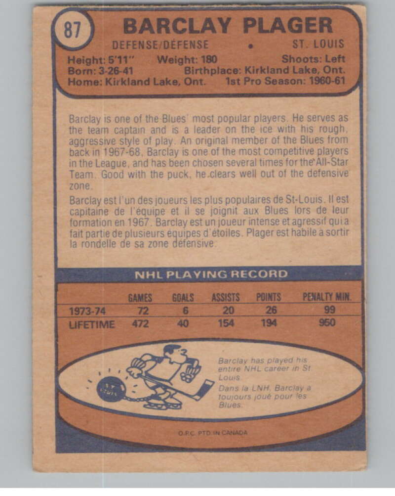 1974-75 O-Pee-Chee #87 Barclay Plager  St. Louis Blues  V103524 Image 2