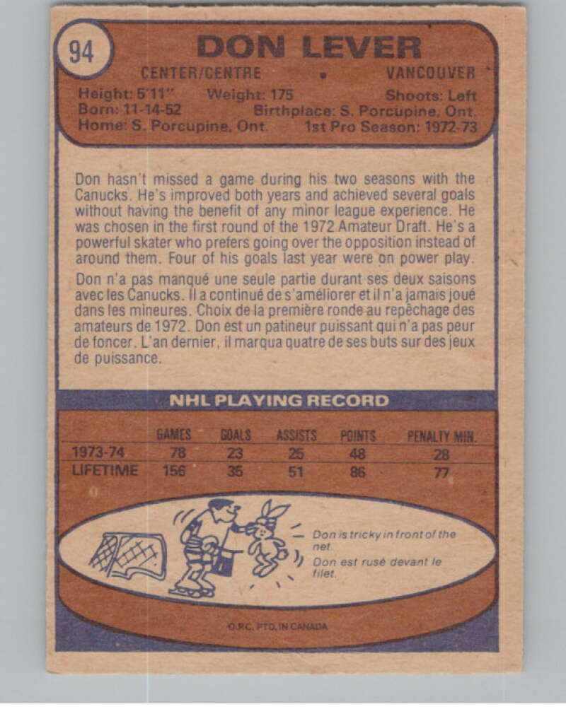 1974-75 O-Pee-Chee #94 Don Lever  Vancouver Canucks  V103529 Image 2