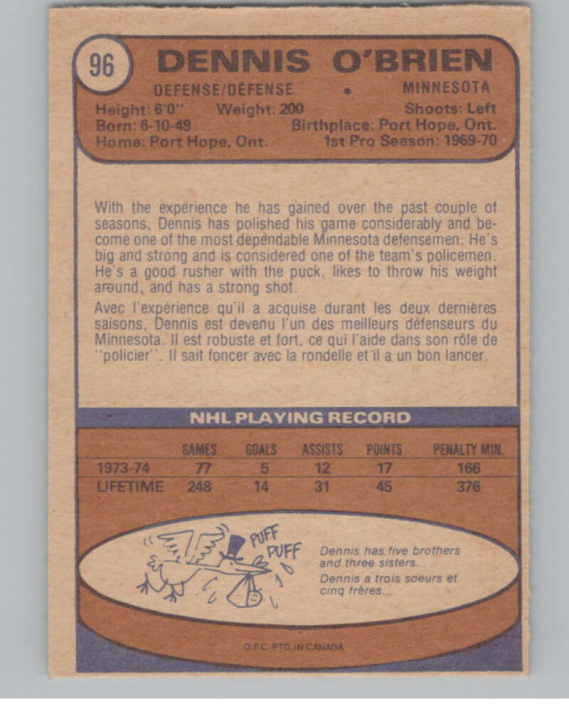 1974-75 O-Pee-Chee #96 Dennis O'Brien  Minnesota North Stars  V103531 Image 2