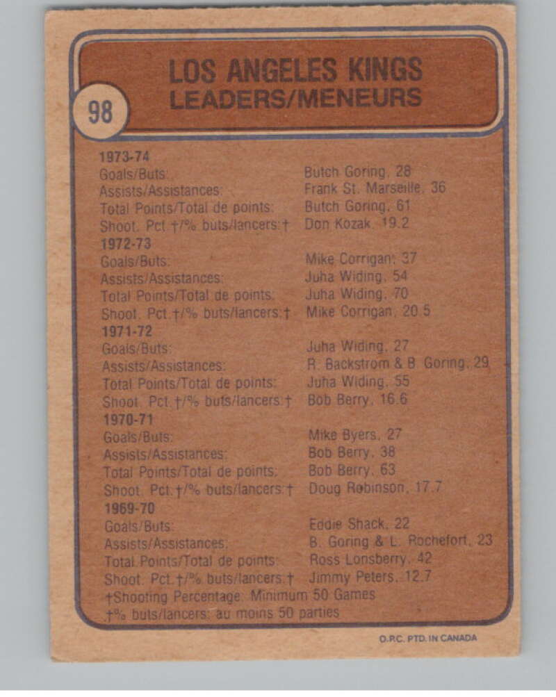 1974-75 O-Pee-Chee #98 Don Kozak/Butch Goring/Frank St. Marseille  V103532 Image 2