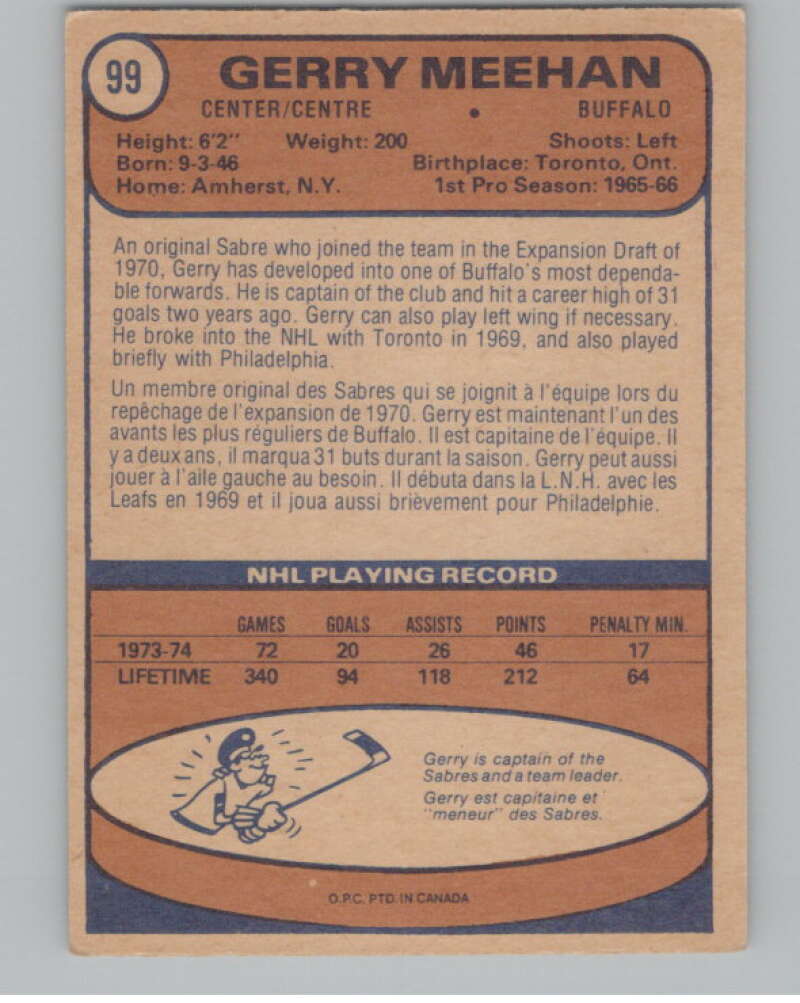 1974-75 O-Pee-Chee #99 Gerry Meehan  Buffalo Sabres  V103534 Image 2