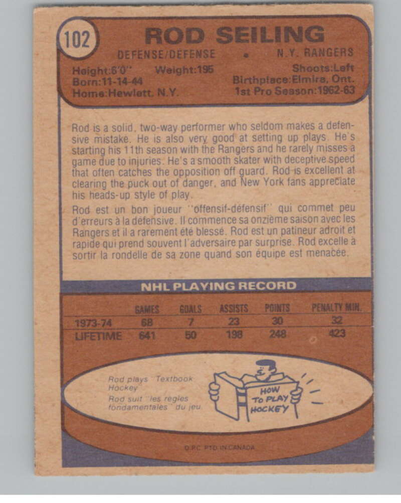 1974-75 O-Pee-Chee #102 Rod Seiling  New York Rangers  V103536 Image 2