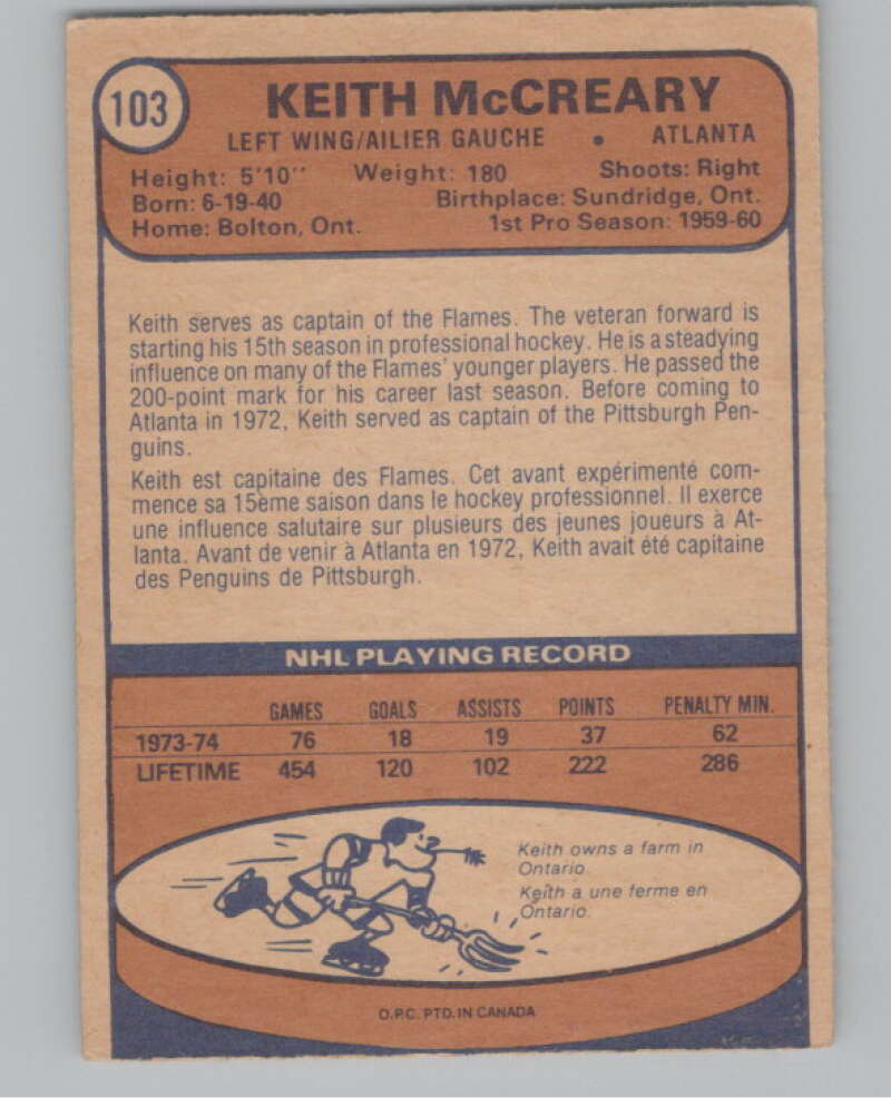 1974-75 O-Pee-Chee #103 Keith McCreary  Atlanta Flames  V103537 Image 2