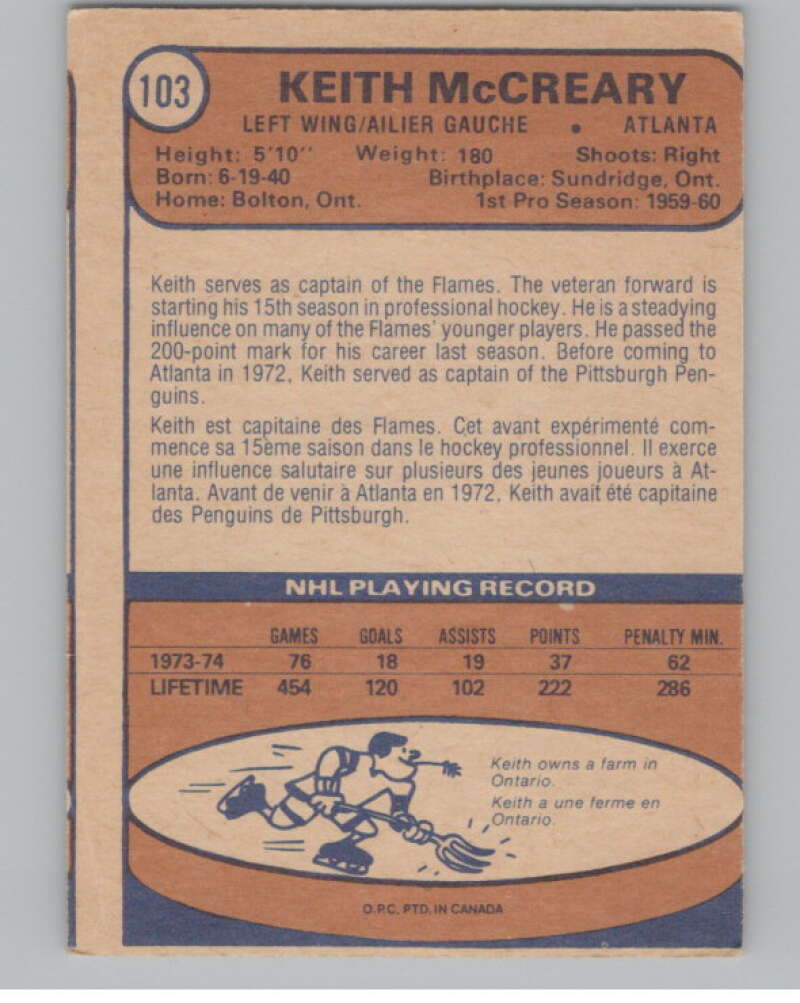 1974-75 O-Pee-Chee #103 Keith McCreary  Atlanta Flames  V103538 Image 2