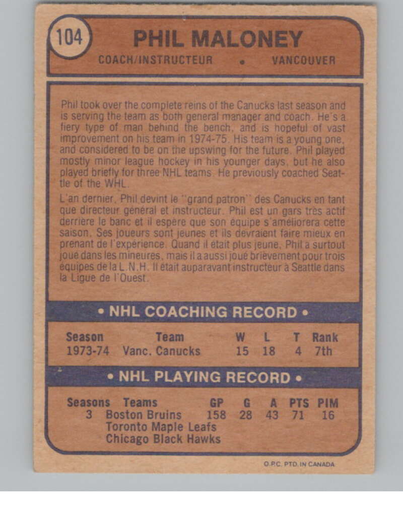 1974-75 O-Pee-Chee #104 Phil Maloney CO  RC Rookie Canucks  V103539 Image 2