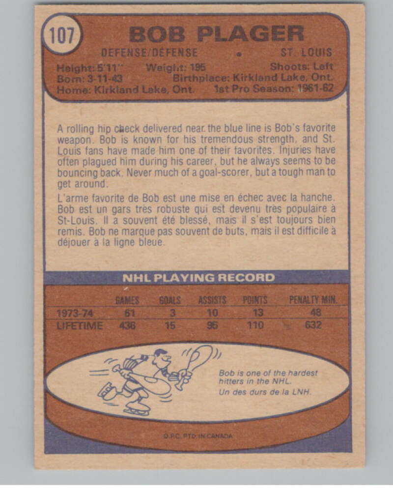 1974-75 O-Pee-Chee #107 Bob Plager UER  St. Louis Blues  V103543 Image 2