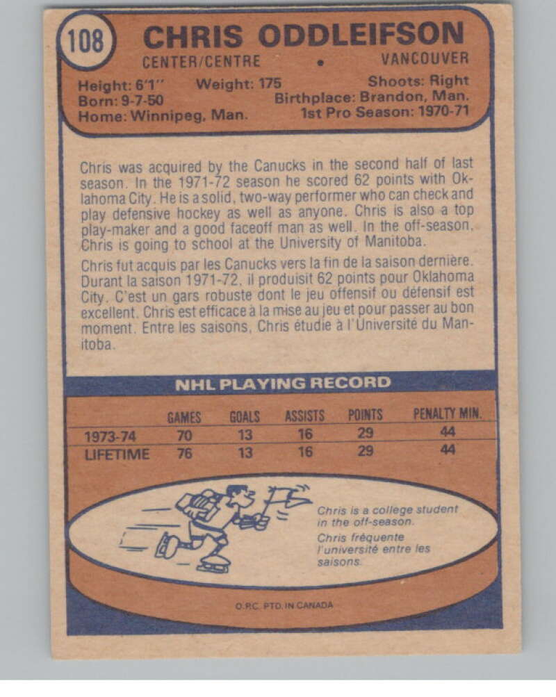 1974-75 O-Pee-Chee #108 Chris Oddleifson  RC Rookie Canucks  V103545 Image 2