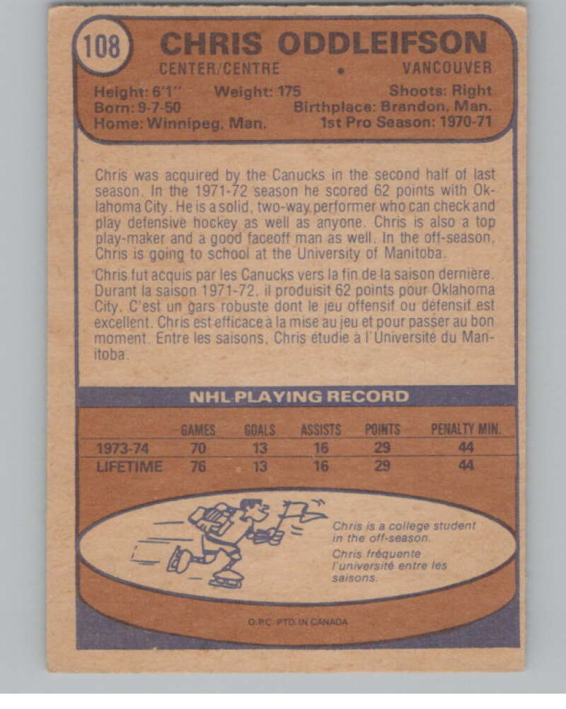 1974-75 O-Pee-Chee #108 Chris Oddleifson  RC Rookie Canucks  V103547 Image 2