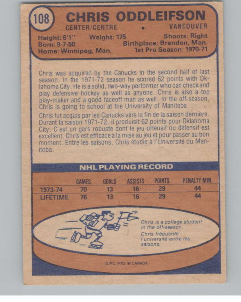 1974-75 O-Pee-Chee #108 Chris Oddleifson  RC Rookie Canucks  V103548 Image 2