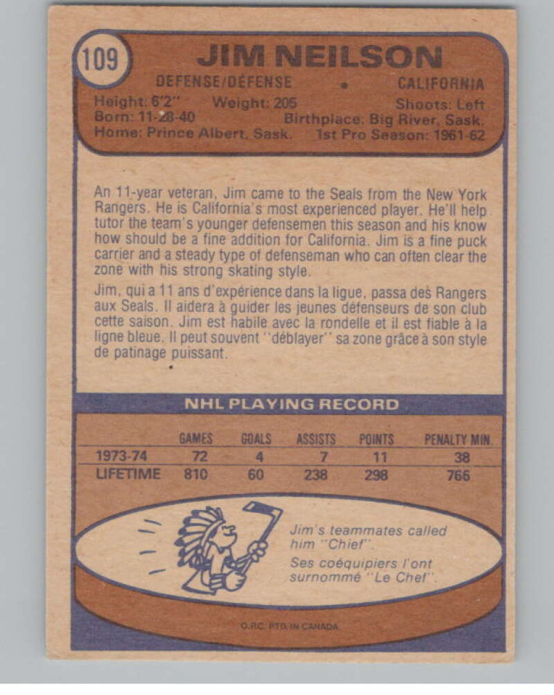1974-75 O-Pee-Chee #109 Jim Neilson  California Golden Seals  V103549 Image 2