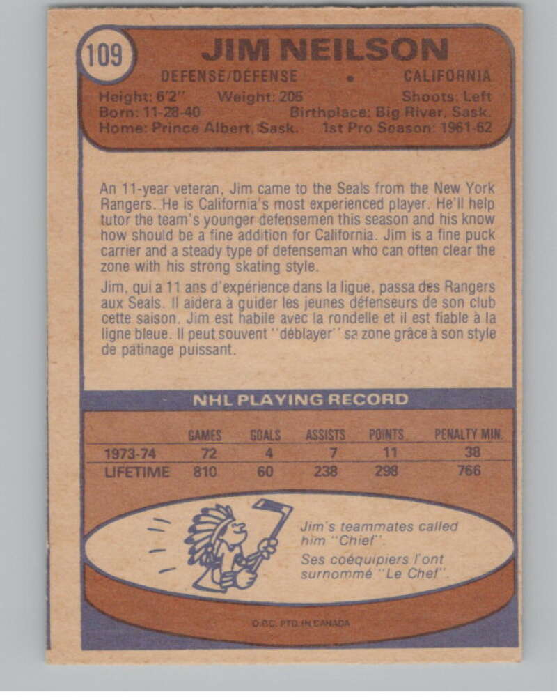 1974-75 O-Pee-Chee #109 Jim Neilson  California Golden Seals  V103550 Image 2