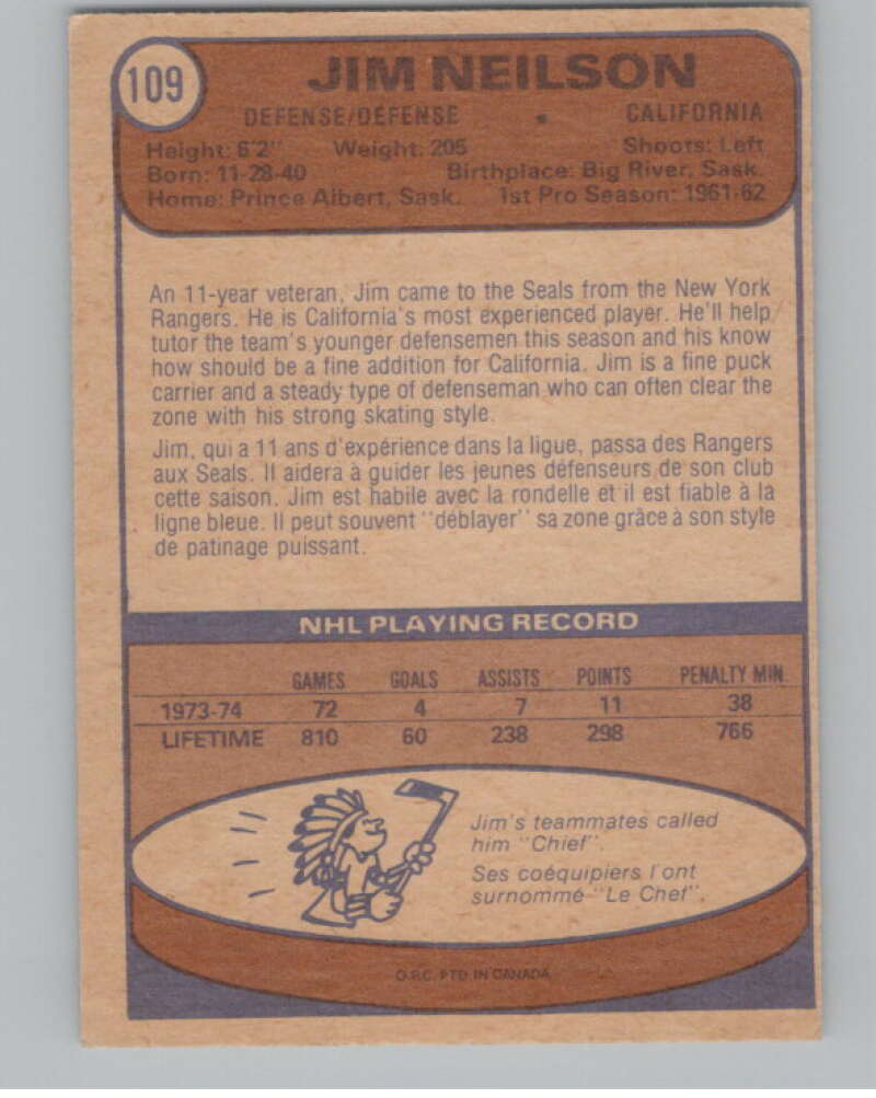 1974-75 O-Pee-Chee #109 Jim Neilson  California Golden Seals  V103551 Image 2