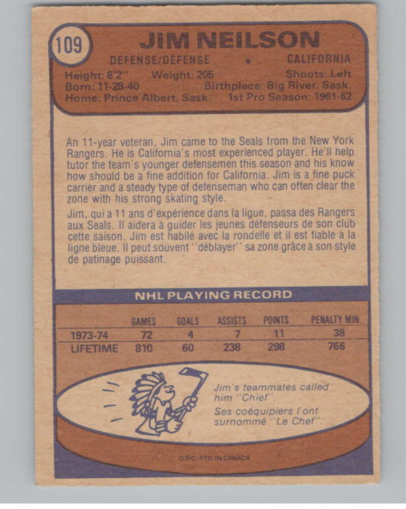 1974-75 O-Pee-Chee #109 Jim Neilson  California Golden Seals  V103552 Image 2