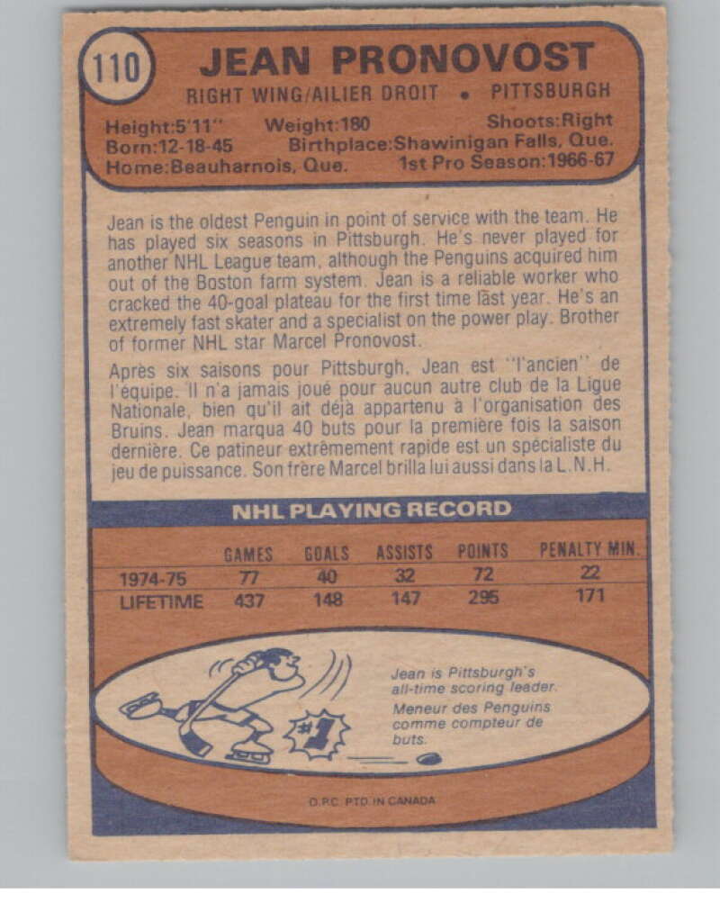 1974-75 O-Pee-Chee #110 Jean Pronovost  Pittsburgh Penguins  V103553 Image 2