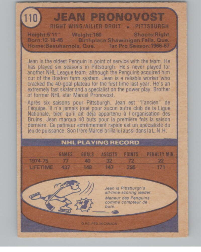 1974-75 O-Pee-Chee #110 Jean Pronovost  Pittsburgh Penguins  V103554 Image 2