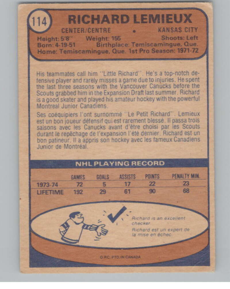 1974-75 O-Pee-Chee #114 Richard Lemieux  Kansas City Scouts  V103562 Image 2