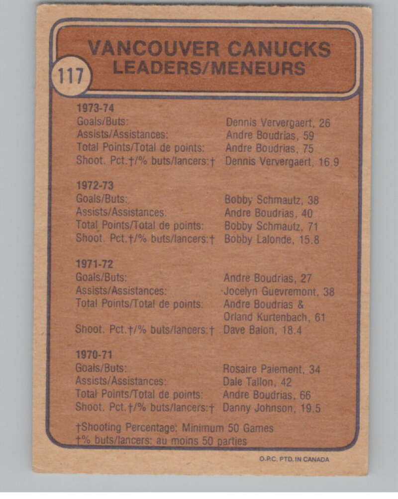 1974-75 O-Pee-Chee #117 Don Tannahill TL  Vancouver Canucks  V103564 Image 2